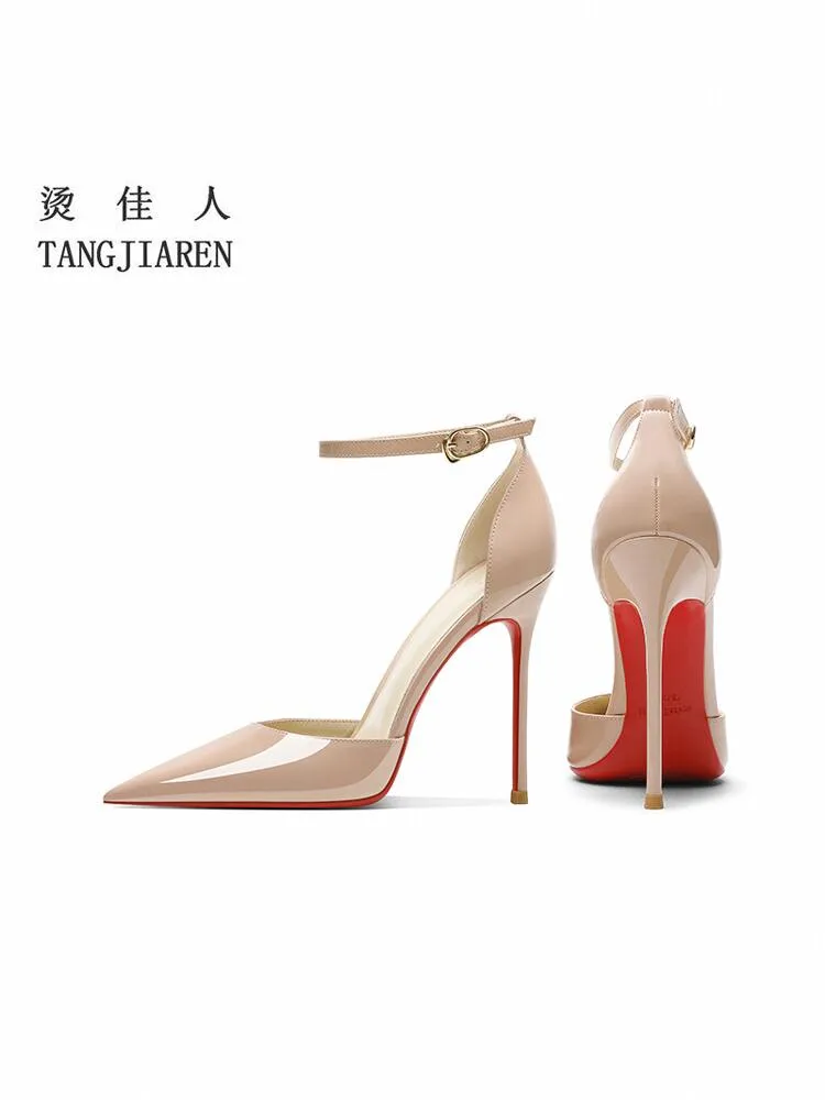 

Голые высокие каблуки, женские тонкие каблуки, новинка весны и лета 2025 года, пикантные босоножки с острым носком на красной подошве и одной пряжкой.