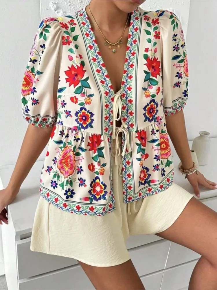 

2025 Summer Fashion Floral Loose Two Piece Sets Woman Puff Sleeve Lace Up Cardigan Shirts And Short Pants Set Women Sexy Outfit
