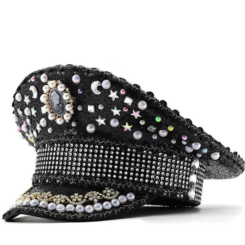 パーティーラインストーン歌手ブラックスパンコールつばパンクナイトクラブパーティーハットビッグキャップ