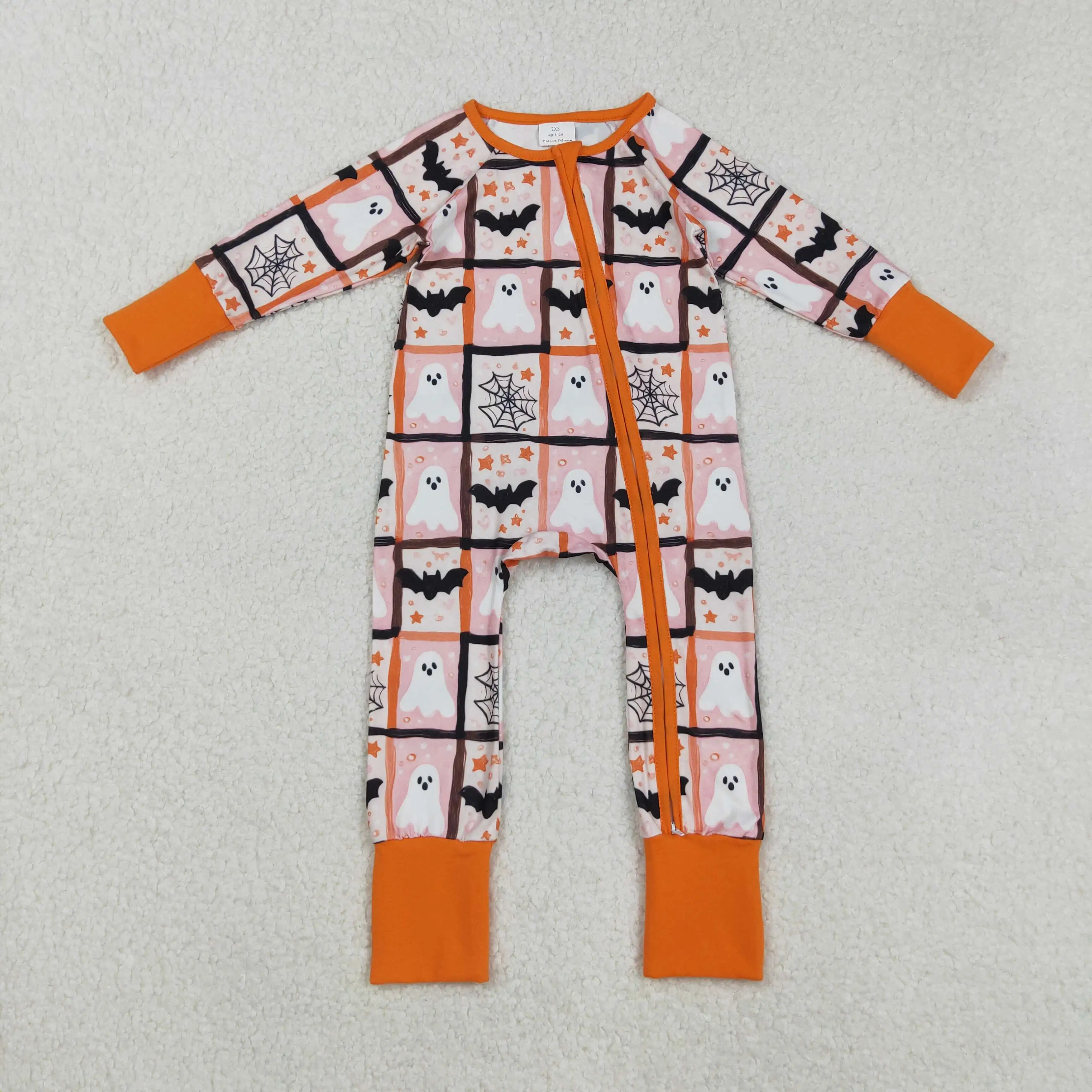 

8.28y Baby Boys Romper Wholesale Boutique Halloween Ghost Bat Spider Mesh Pink Orange Zipper Long Sleeve Onesie