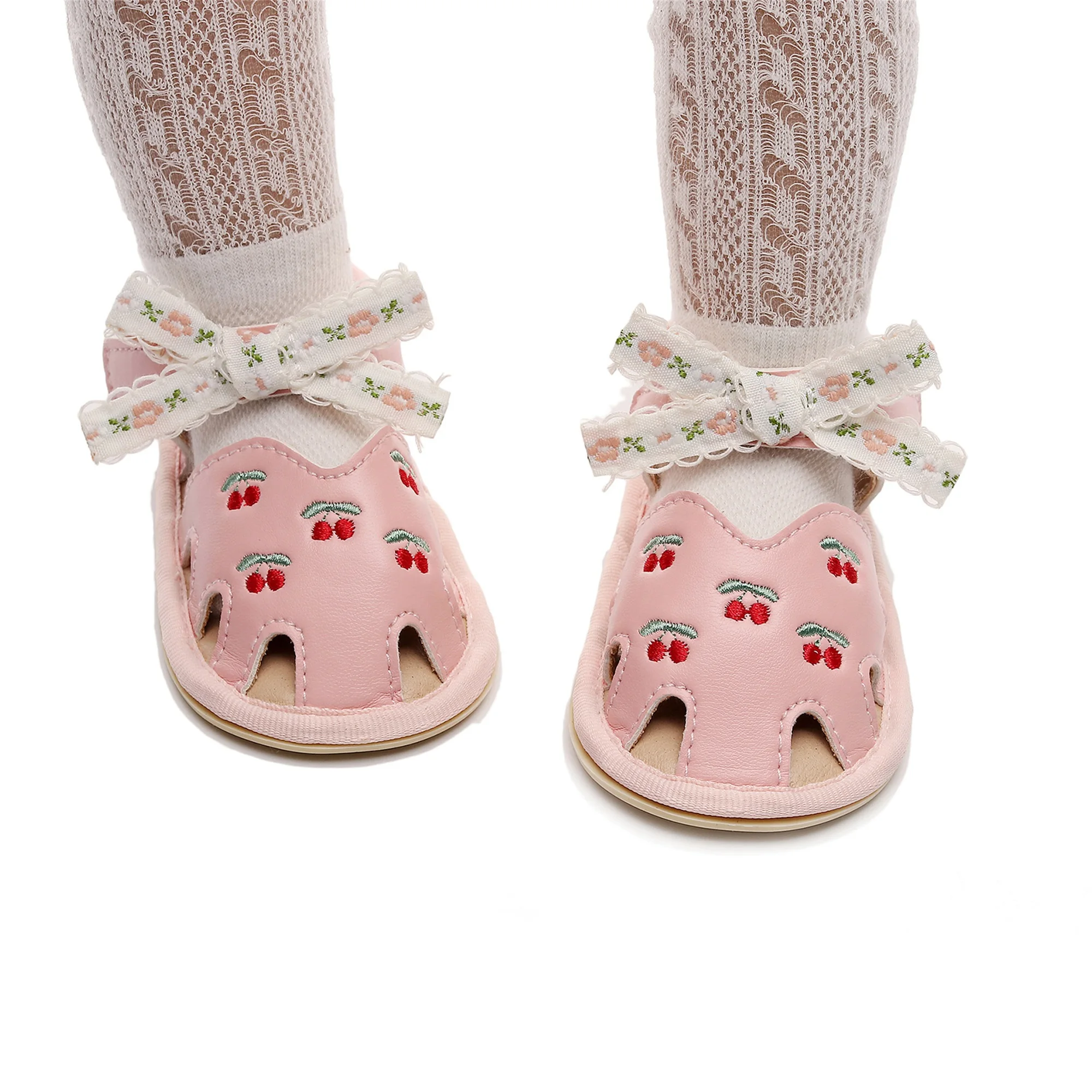 รองเท้าแตะเด็กผู้หญิงน่ารักสไตล์หนัง PU ลื่น Bowknot เชอร์รี่ฤดูร้อนรองเท้าเด็กวัยหัดเดินสําหรับสวมใส่ทุกวัน