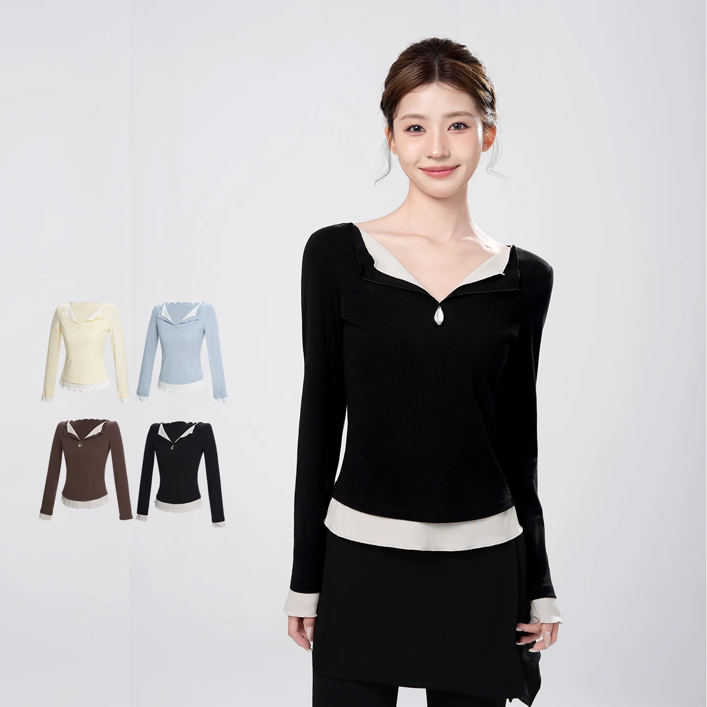 Women Classical Dance Tops Color Splice Ballet Top Fake Two-pieces Dance Costumes Teen Long Sleeve Modern Dance Training Tops