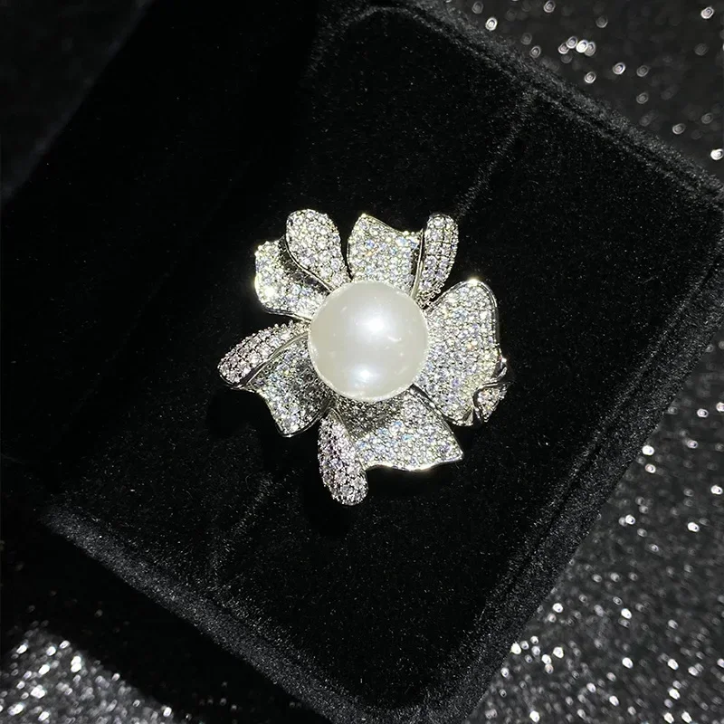 MDL Moissanit1 نمط حبات اللؤلؤ الطبيعي خاتم مطلي بالذهب زهور تاهيتي السوداء مزاجه مطابقة البنصر