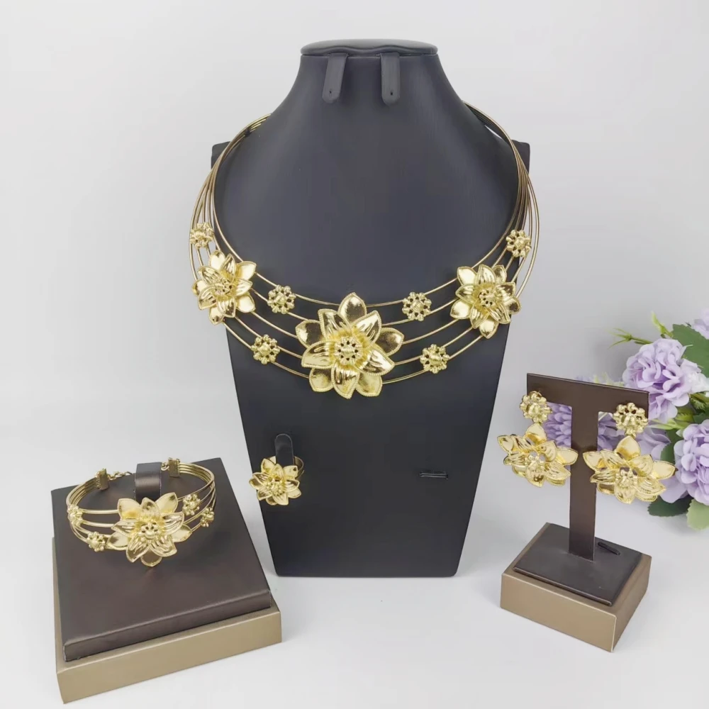 esale-ドバイ-18k金メッキ-ジュエリーセット-女性用-エレガント-クラシック-フラワーデザイン-ネックレス-イヤリングセット-チャームブレスレット＆リング