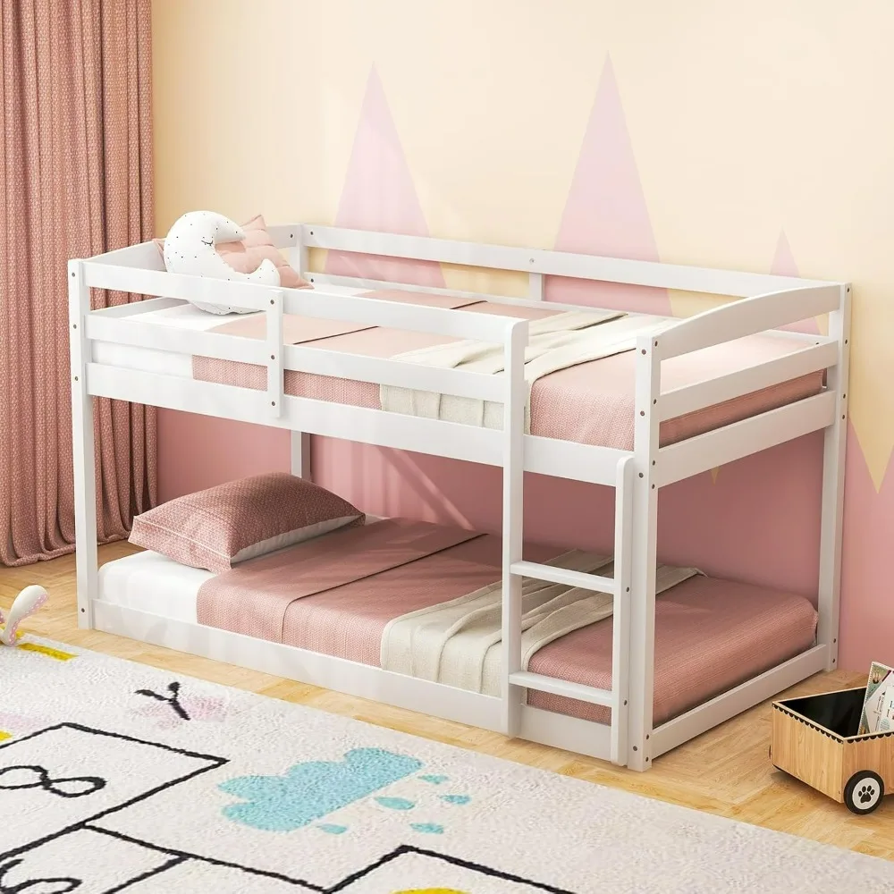 

Low Bunk Bed Twin Over Twin, Solid Wood Bunk Bed Frame with Built-in Ladder & Safety Guardrails, Space-Saving Low Bunk Bed