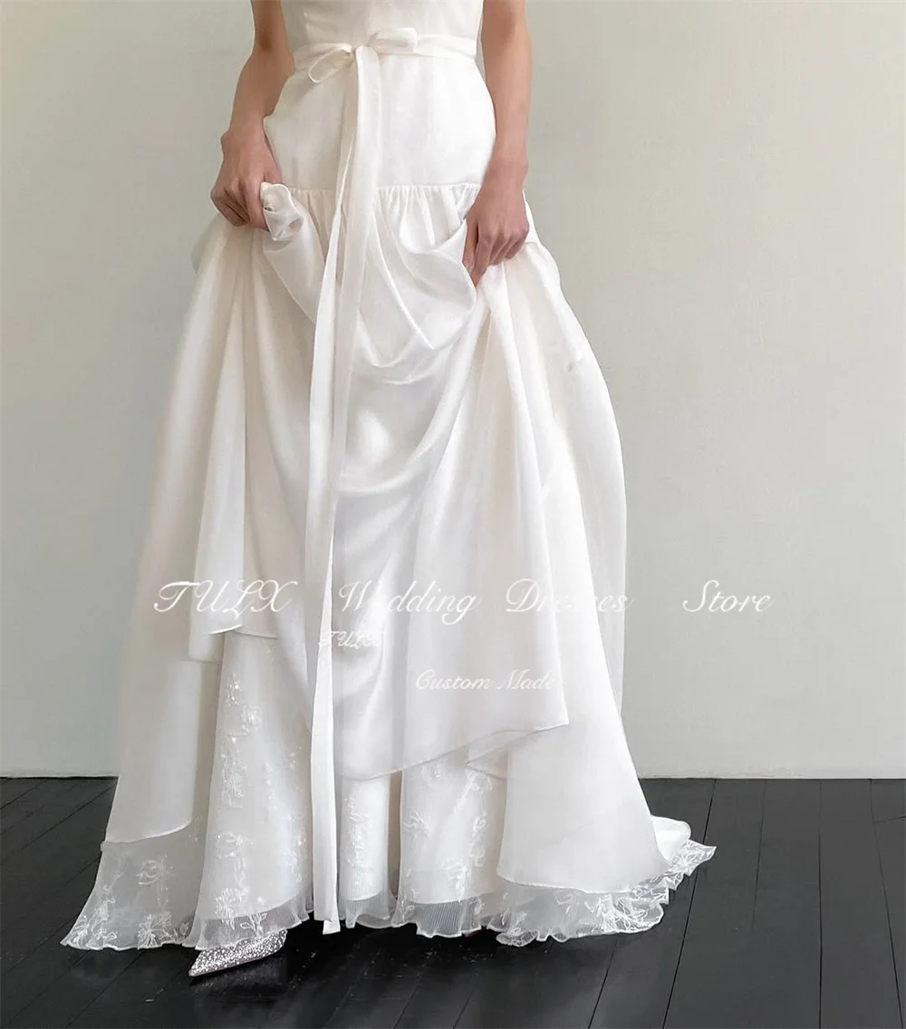 TULX Simple Ivory Wedding Photo Shoot Dress O Neck Pleat Korea Bridal Gowns A line Floor Length Corset 웨딩드레스 Customized 2025