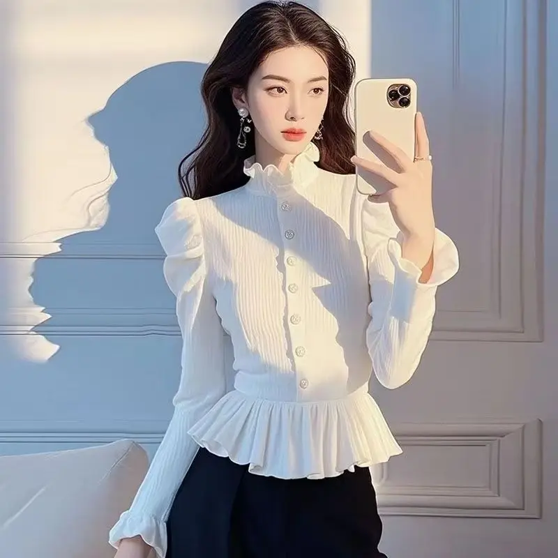 

Autumn Winter White Ruffle Long Sleeve Shirt Women Blouse Fashion High Collar Solid Color Elegant Ladies Work Party Shirt
