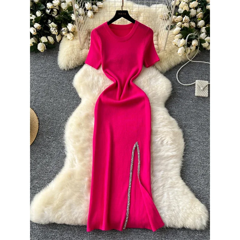 시니어 럭셔리 슬림 드레스 여성용 O넥 바디콘 시퀸 스플릿 시크 디자인 여름 패션 니트 여성 섹시 미디 드레스