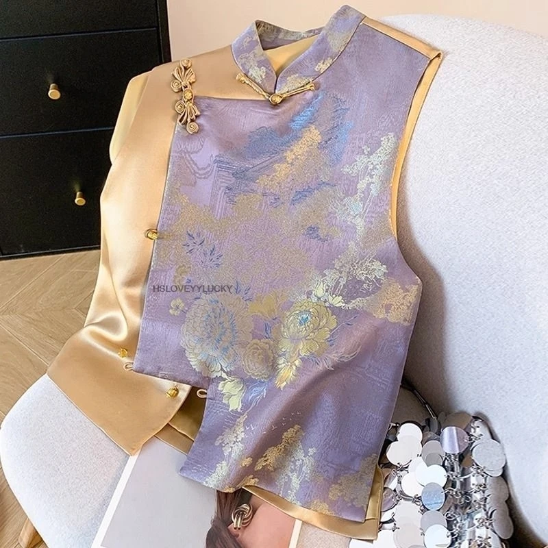 Spring New Chinese Style Retro Heavy Jacquard Tang Suit Vest Summer   National Style Frog Button Waistcoat For Women Daily Vest