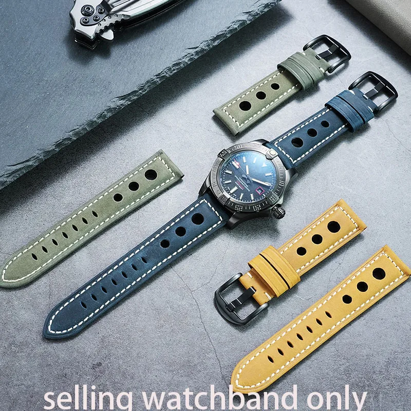 For Panerai Breitling Super Ocean Avenger Yellow Wolf Blackbird Retro Porous Breathable Leather Watch Strap Men 20mm 22mm 24mm