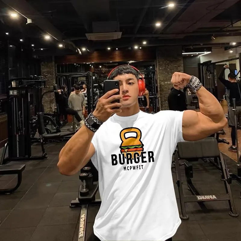 MCPWFIT Burger Kettlebell Creative Graphic Cotton Gym T-Shirt Chest Print White Unisex Crew Neck Short Sleeve Men's T-shirts