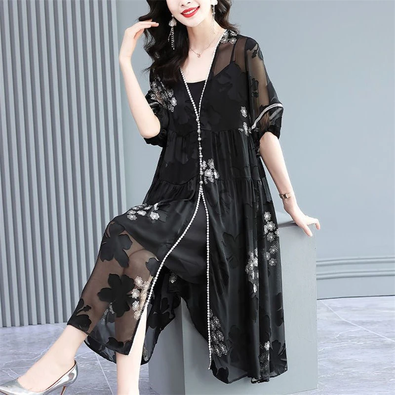 Summer Outfits for Women 2023 Sexy Sheer Lace Elegant Cardigan Party Dresses V Neck Print Oversized Cover Up Beach Dress Vestido