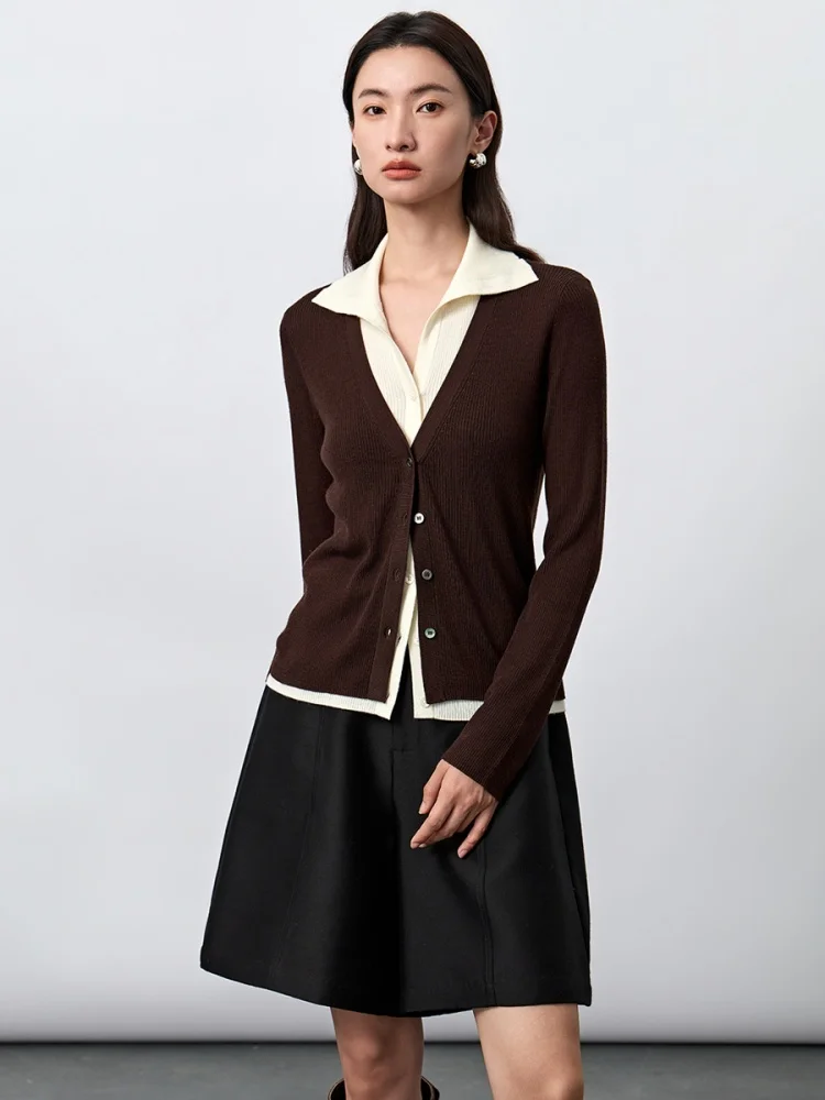 Birdtree, 75% Wool 25% Silk Cardigan, Lapel Full Sleeve Tops, Fake Two‑piece, Women's Knitted Single Breasted Coat T69122JF