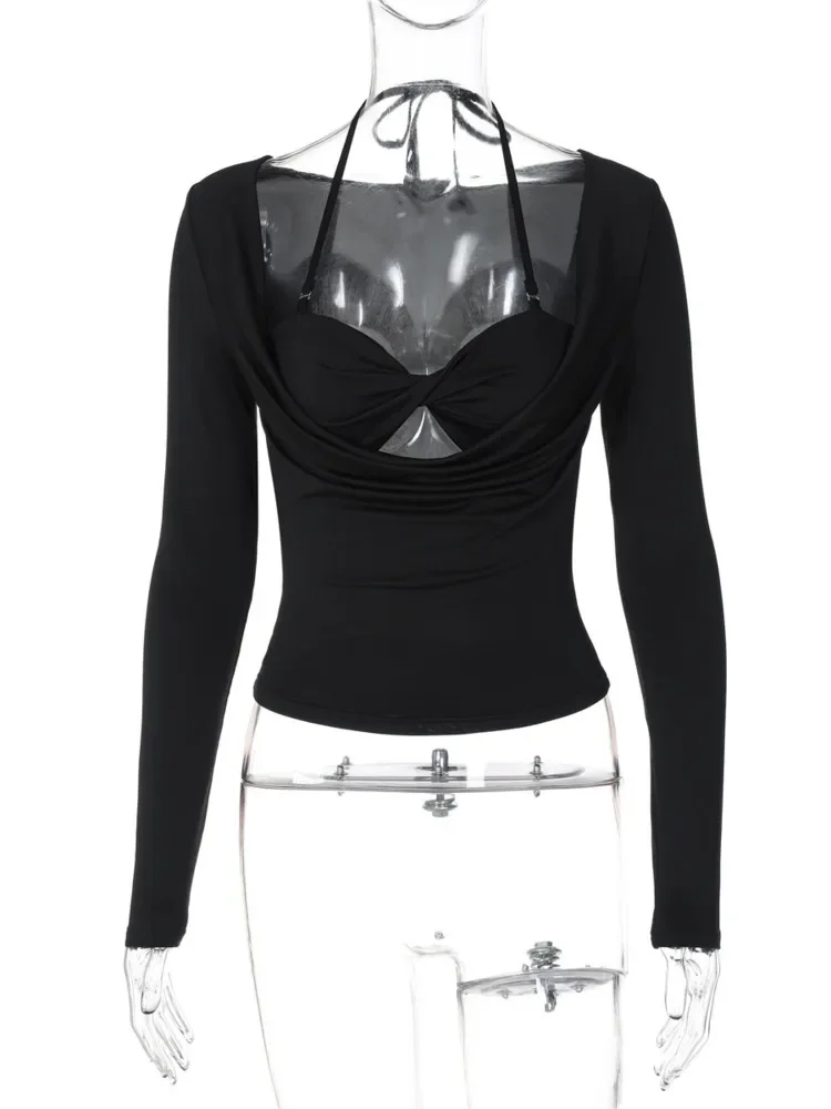 XIAOTANG Hollow Out Long Sleeve Sexy T-shirt Women Autumn New Halter Crop Tops Ladies Fashion Solid Slim Fit Tops Femme Tees