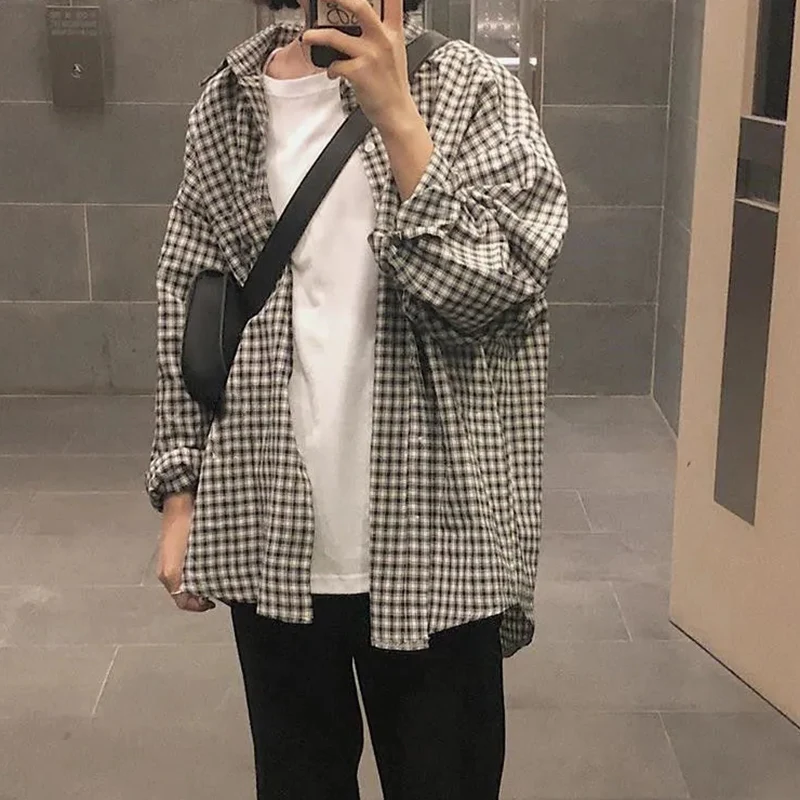 Rimocy Japanese Style Women\'s Plaid Shirt Long Sleeve Lapel Button-Up Loose Blouse Woman Harajuku Streetwear Oversize Shirts