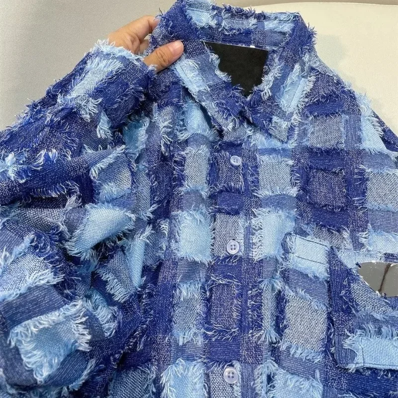 EBAIHUI Women's Lapel Neck Shirt Spring Tassel Design Ladiesd Long Sleeve Blouse Blue Plaid Blusas Cardigan Pocket Tops