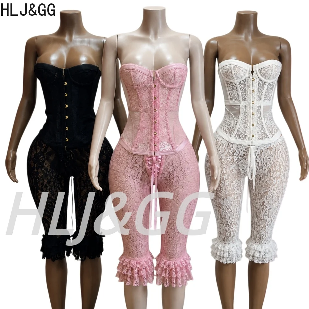 HLJ&GG Sexy Lace See Though Corset Two Piece Sets Women Off Shoulder Sleevelees Tube And Bandage Ruffle Shorts Outfit Streetwear