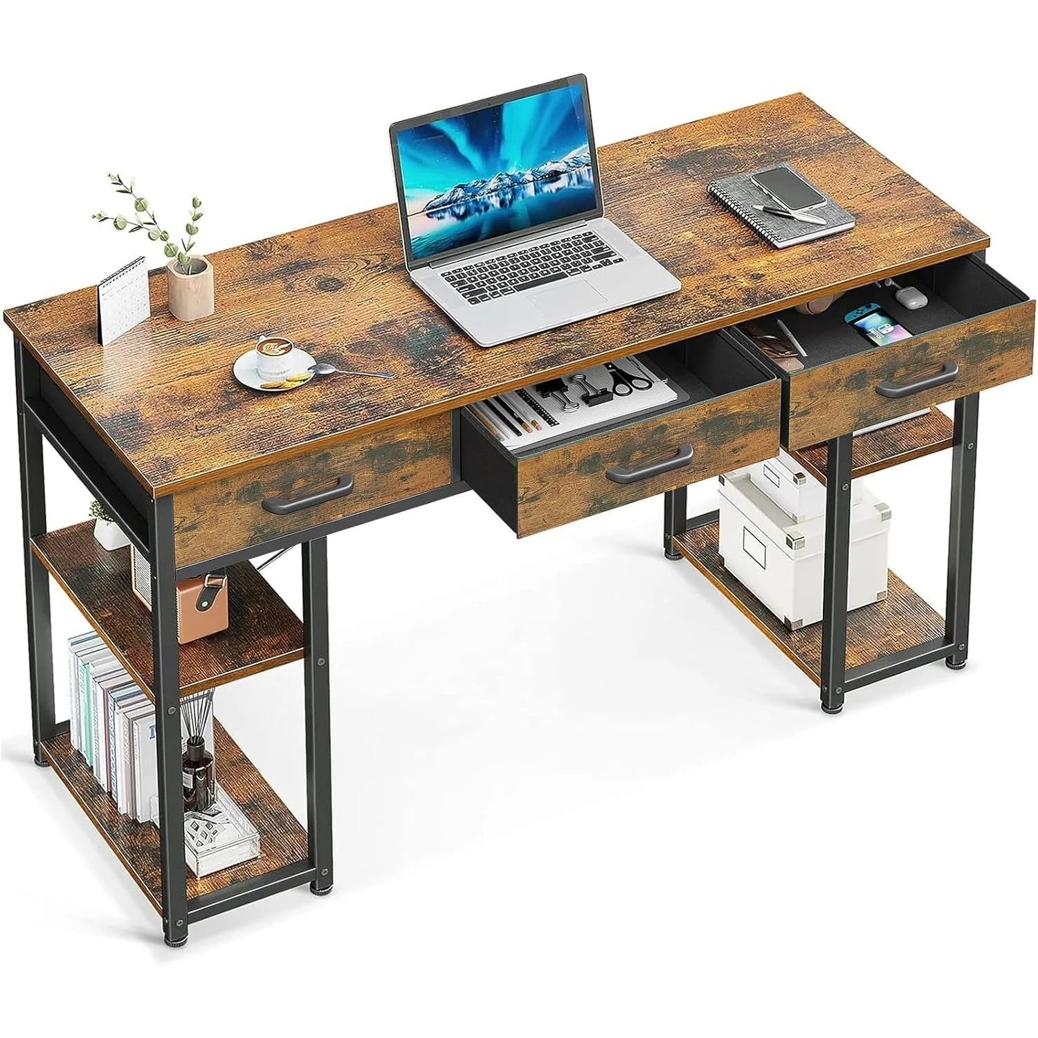 

Office Small Computer Desk，Home Table with Fabric Drawers & Storage Shelves, Modern Writing Desk, Vintage, 48"x16"