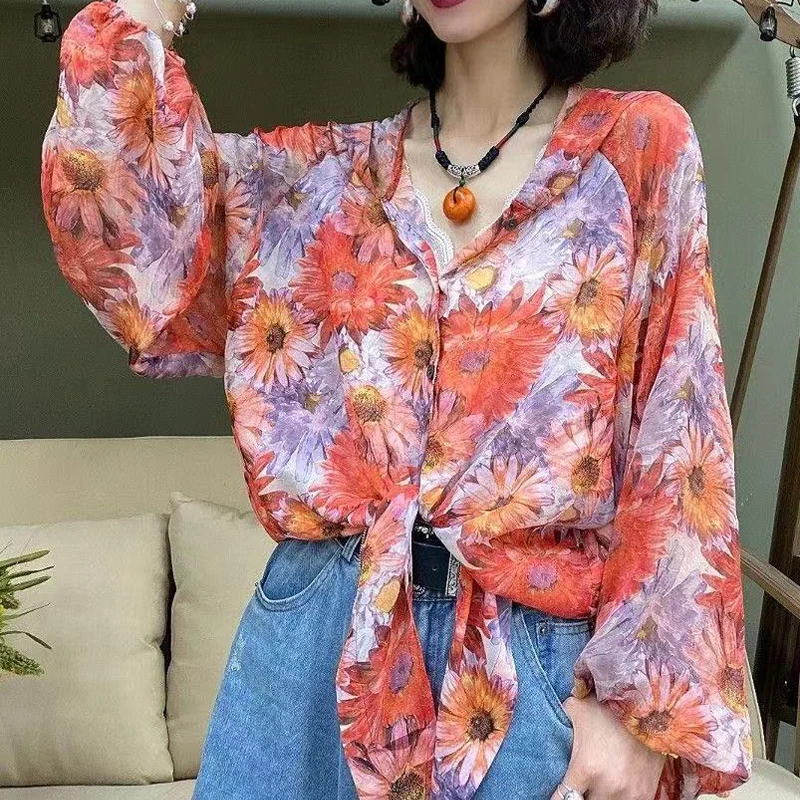 Women Vintage Floral Print Hooded Thin Sunscreen Shirts Summer Fashion Lace Up Loose Long Sleeve Blouses Streetwear Casual Tops