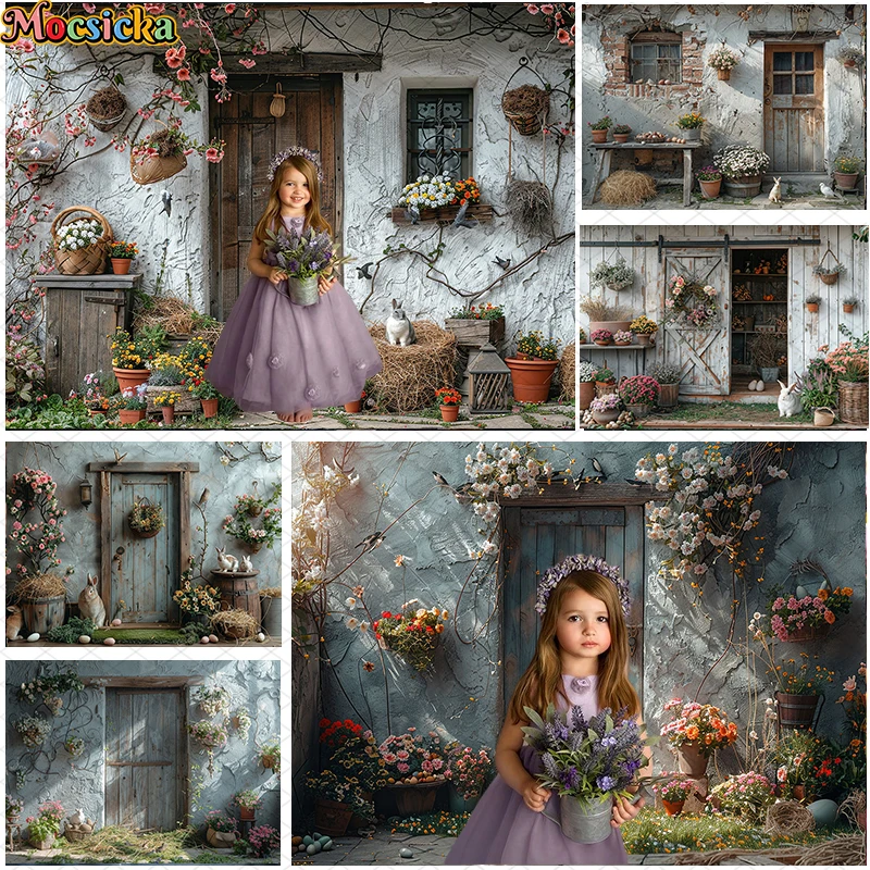 

Photography Background Spring Outdoor Vintage Walls Wooden Doors Floral Decor Kids Adult Art Portrait Backdrop Photo Studio