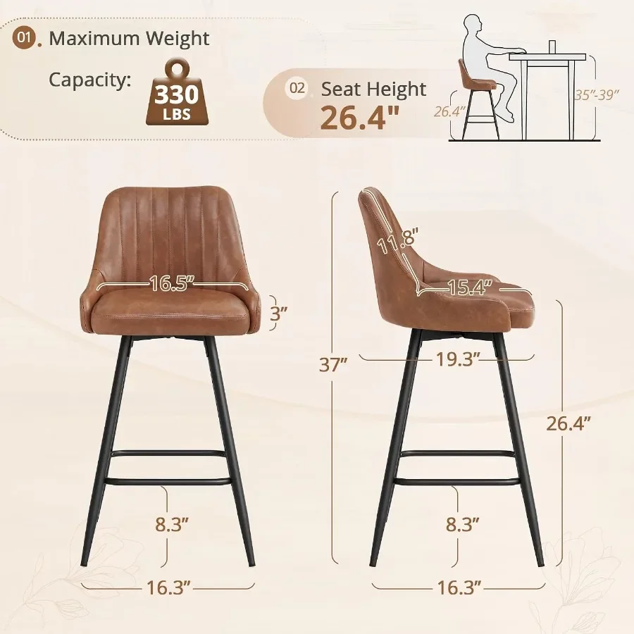 Counter Height Bar Stools Set of 3, 26'' Swivel Modern Barstools with armrests and Metal Legs, Upholstered Bar Chairs, Faux Lea