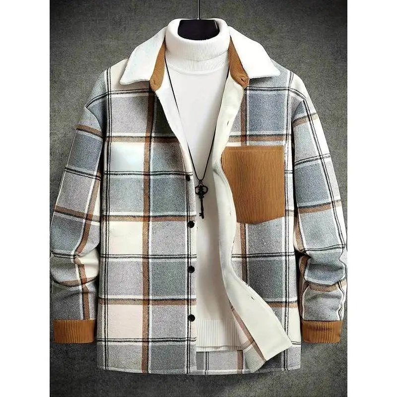 Men's Plaid Shirt Jacket Loose Fit Cotton PU Blend Short Sleeve CleanFit Style Summer Outerwear Patchwork Design Stand Collar