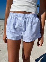 Blue Striped Buttons Casual Shorts Women Summer  Elastic High Waist Straight Short Pants Vintage Sweet Girls Cotton Sweatshorts