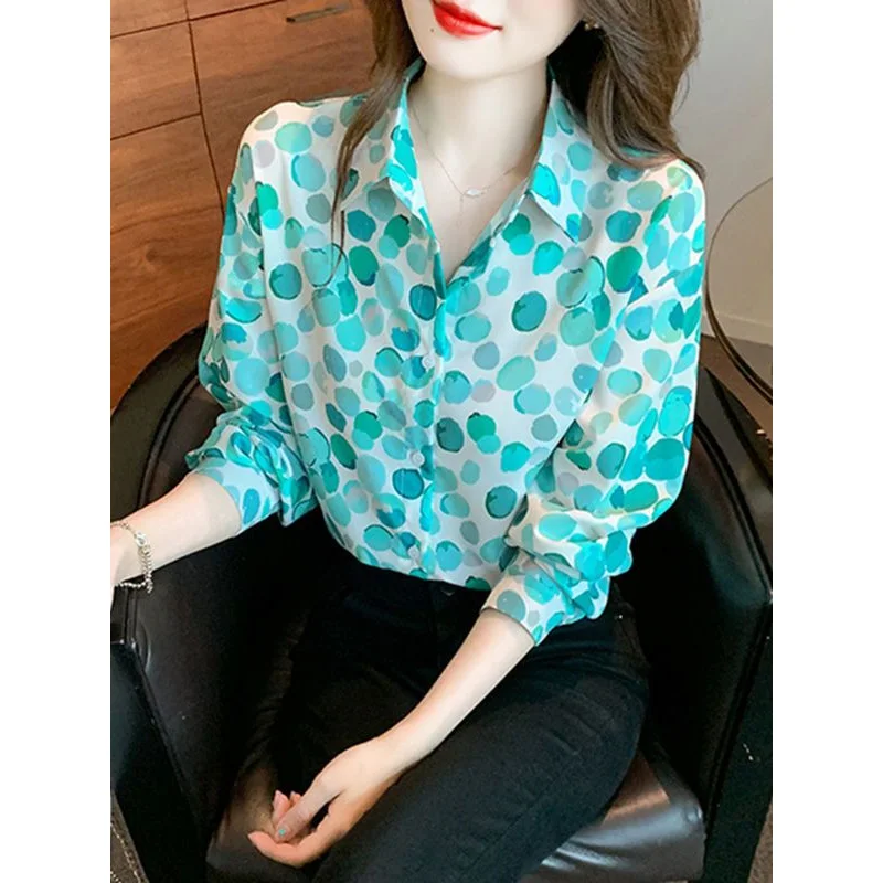 2023 New Spring and Summer Commuter Simple Printed Polo Collar Button Long Sleeve Cardigan Loose Casual Versatile Women\'s Shirt