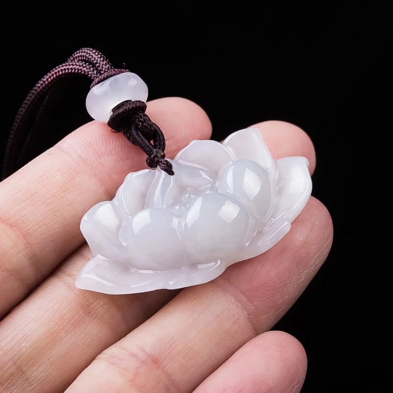 Natural Burmese A-grade jadeite three-dimensional lotus pendant, ice ornament, flower-shaped jade accessory for men and wom 2
