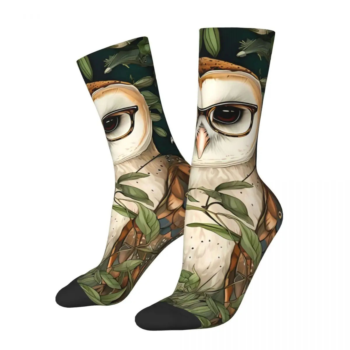 Happy Men's Socks Wise Owl Woodland Wildflower Vintage Owl Animal Hip Hop Seamless Crew Sock Gift Pattern Printed