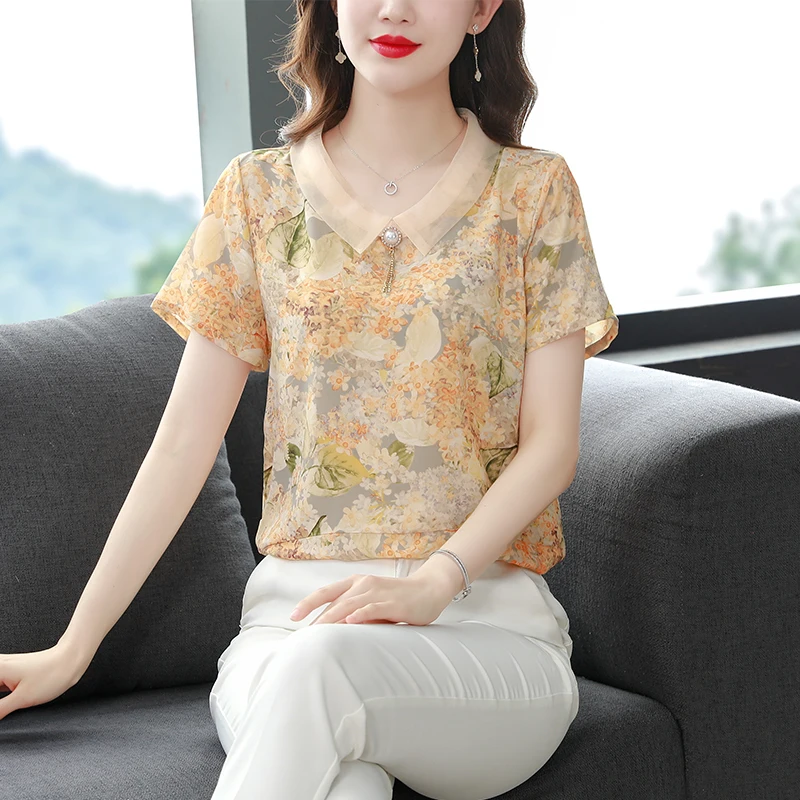 

Summer New Doll Collar Printed Short Sleeve Chiffon Blouse Tummy Covering Women's Top