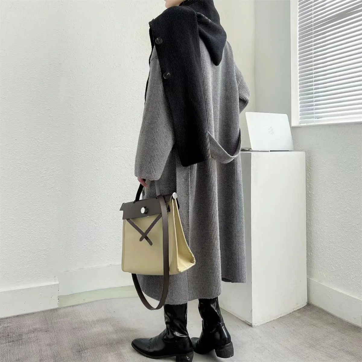 KWTX 여성용 2025 신상 컬러 블록 후드 롱라인 가디건 코트 더블 브레스티드 두꺼운 따뜻한 페이크 투피스 패치워크 포켓