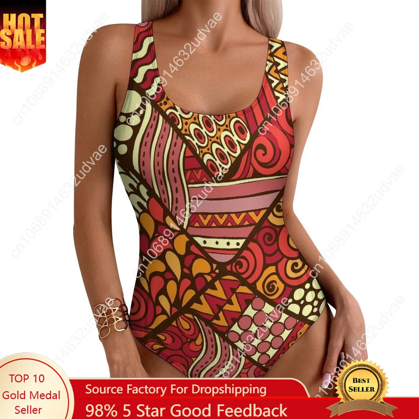 Traje de baño Tribal abstracto, traje de baño Sexy con estampado de parches rojos para mujer, traje de baño de una pieza a la moda para surfear, Monokini calado con realce