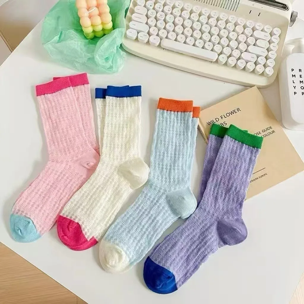 Women's Thin Contrasting Dopamine Socks with Internet Red Hollowed Out Mesh, Candy Colored Stripes, Mid Tube Socks, Trendy Bonel