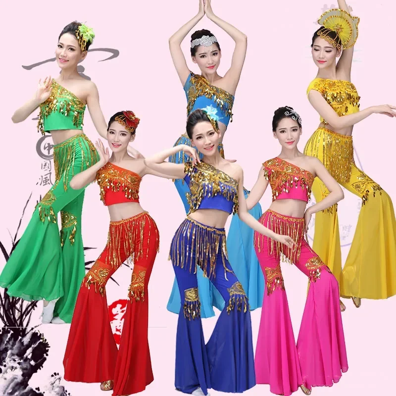 Vestido dança pavão para mulheres e meninas, roupas de dança, traje folclórico chinês tradicional, lantejoulas, novo