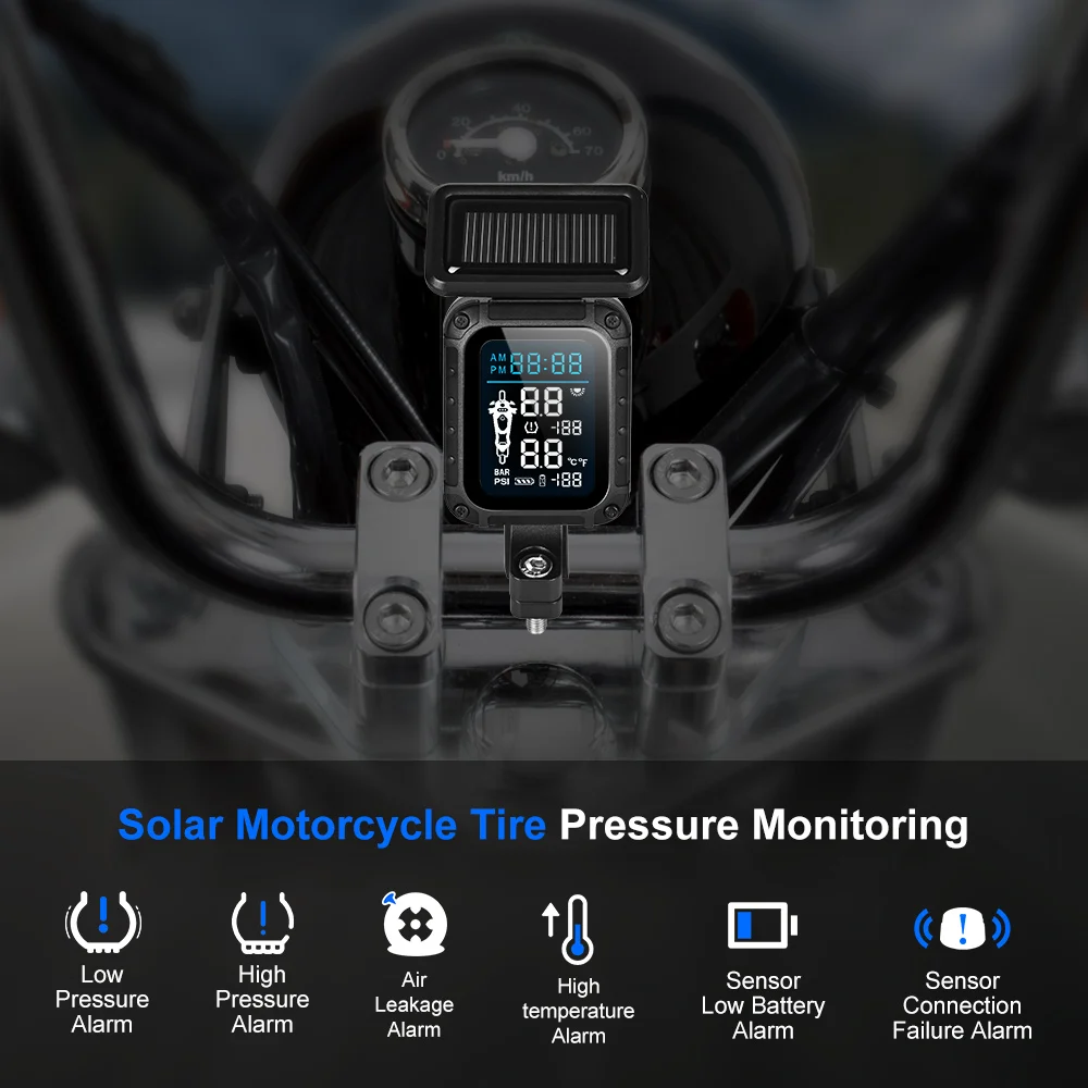 Motorcycle TPMS Solar Power Tire Pressure Monitoring System Colorful Display Temperature Alarm Sensor Alarm System TPMS Moto