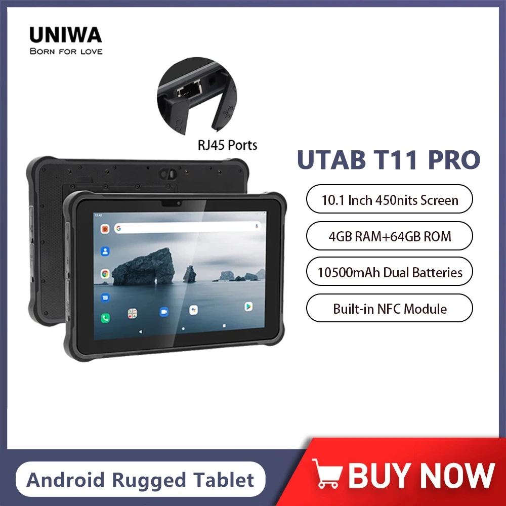 UNIWA UTAB T11 PRO 10. Inch 450nits FHD Screen 4GB+64GB Android Rugged Tablet PC 10500mAh Dual Batteries  Industrial Tablets NFC