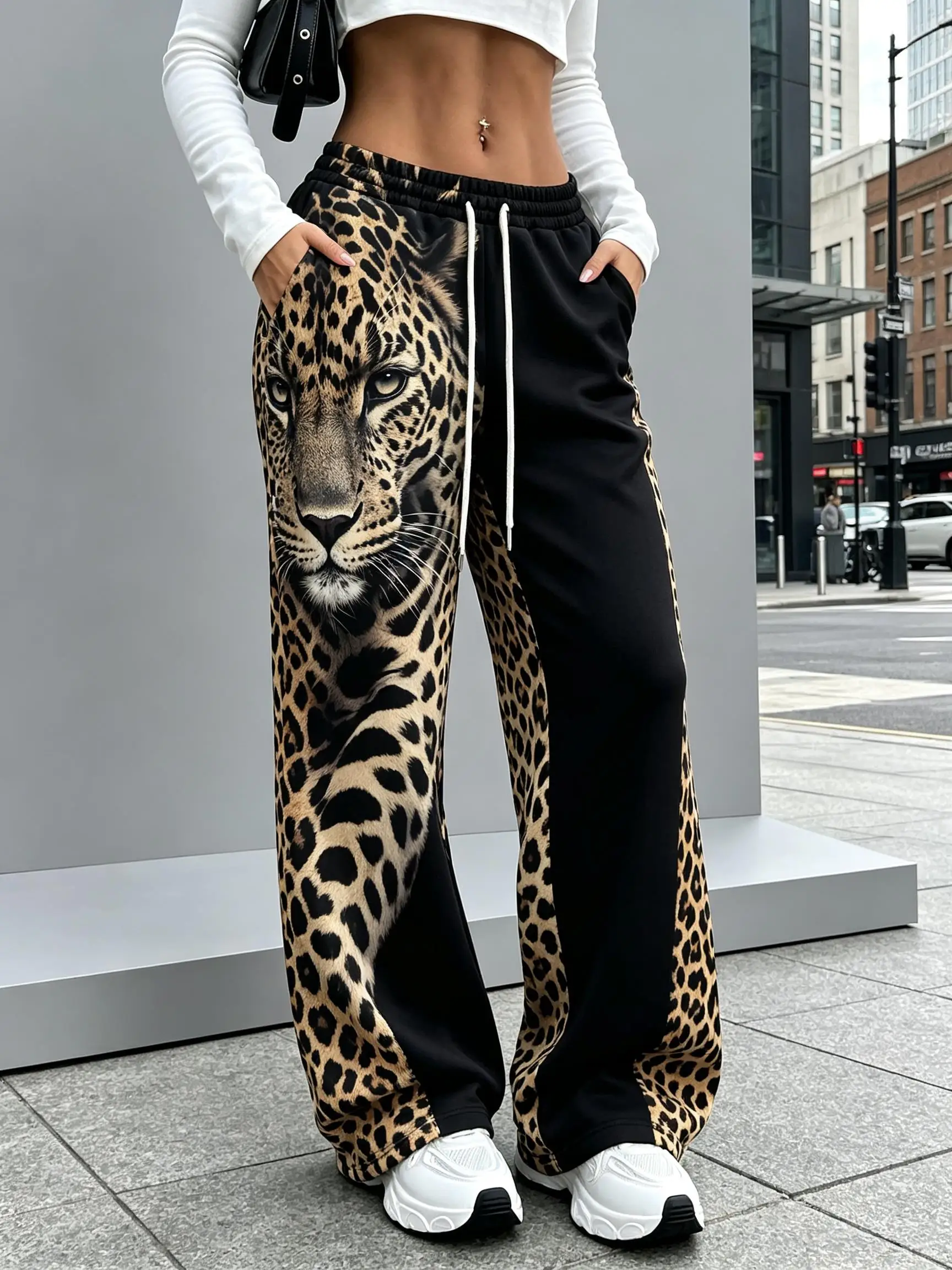 Women Animal Head Print Wide Leg Sweatpants Lion Wolf Leopard Graphic Drawstring Elastic Waist Loose Casual Trousers With Pocket