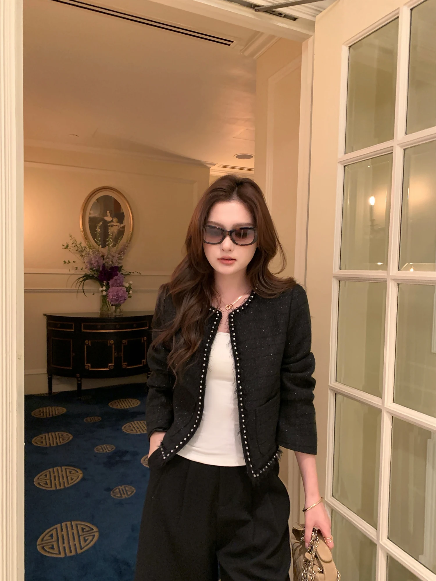 Pusumede Classic Short Quilted Jacket Women's Heavy Bead Embellished Luxury Casual Style Polyester Fiber Long Sleeve Top