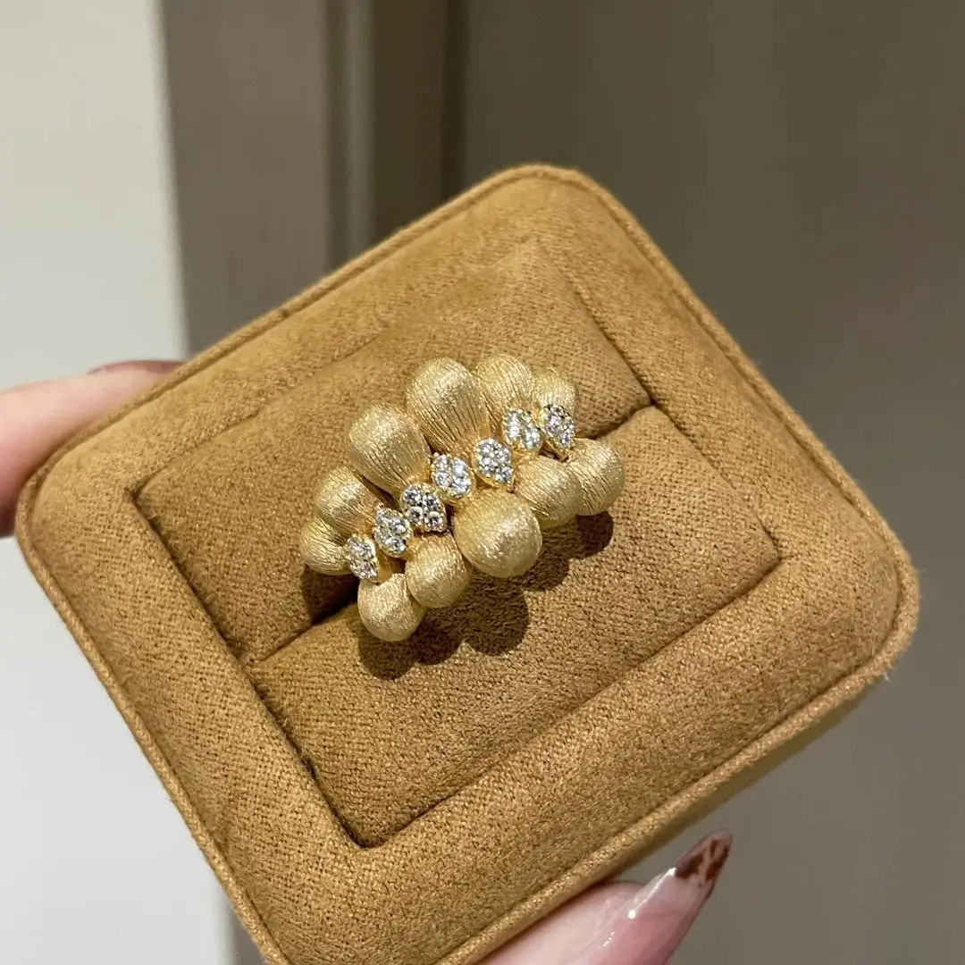French vintage hand-brushed ribbon coffee bean ring fashionable golden zircon finger accessory