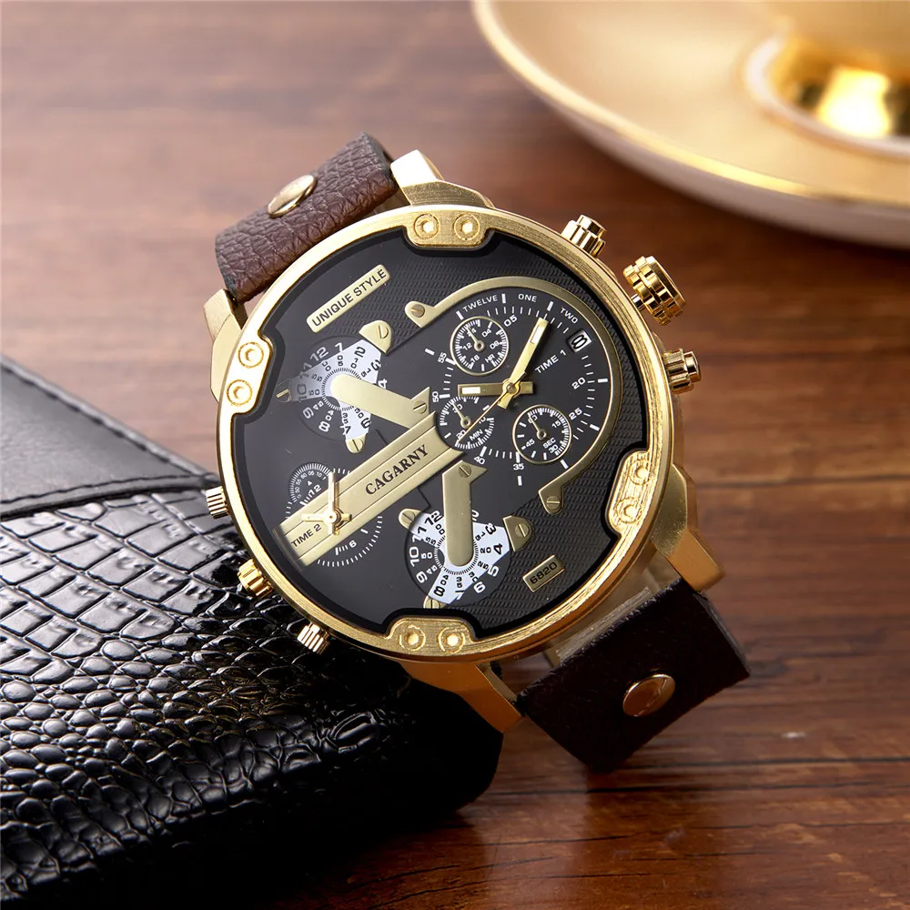 CAGARNY Original Brand Big dial 6820 dual time zone Leather Quartz Man Wristwatch Date Waterproof Fashion Casual Watches for Men