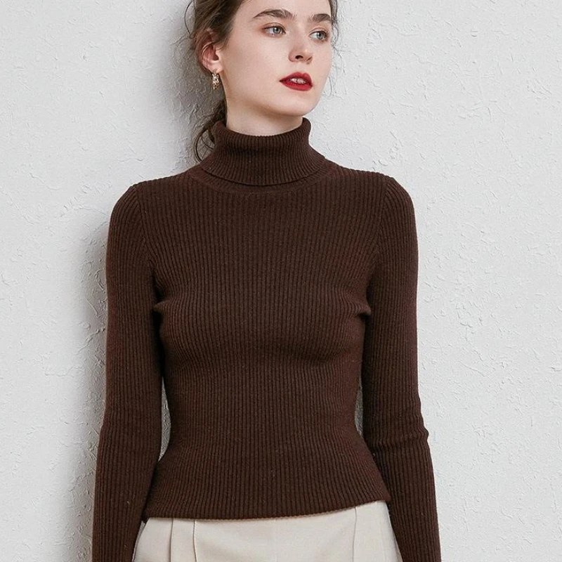 2025 moda nuevo cuello alto Color sólido Otoño Invierno pulóver prendas de punto cálido manga larga suéter de mujer elegante Tops de punto