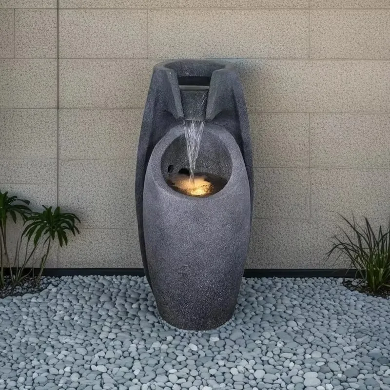 #q-Indoor M Grey Resin Waterfall Outdoor Floor Garden Water Fountain With Light LED  with Pump Relaxing Feature Home Decoro*