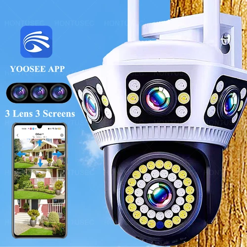 YOOSEE 6K 12MP 3 lentes 3 pantallas Wifi PTZ exterior impermeable Audio bidireccional Color visión nocturna inalámbrico 4MP sistema de cámaras de seguridad
