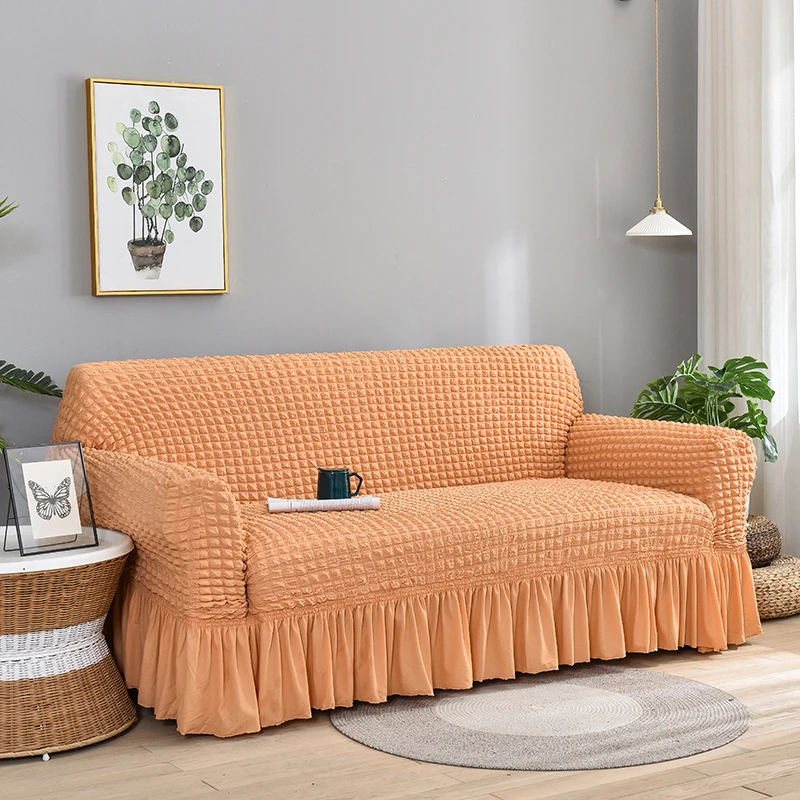 Stretch Sofa Cover for Living Room Orange Plaid Seersucker Skirt Armchair Cover L Shape Furniture Cover 1 Seat 2 Seat 3 Seat