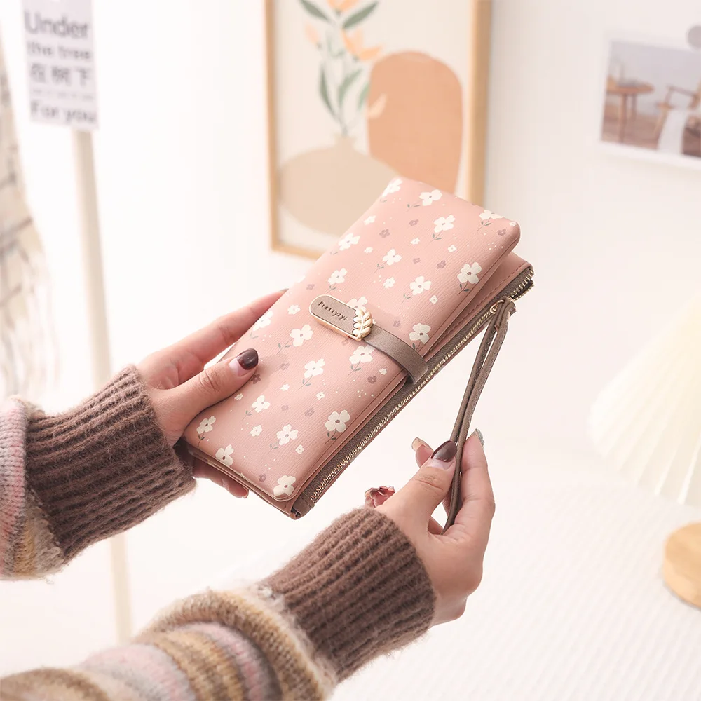 Women Long Wallet Cute Leaf Flower Pattern Design Girl Zipper Coin Purse Ladies ID Credit Card Holder PU Small Clutch Money Bag