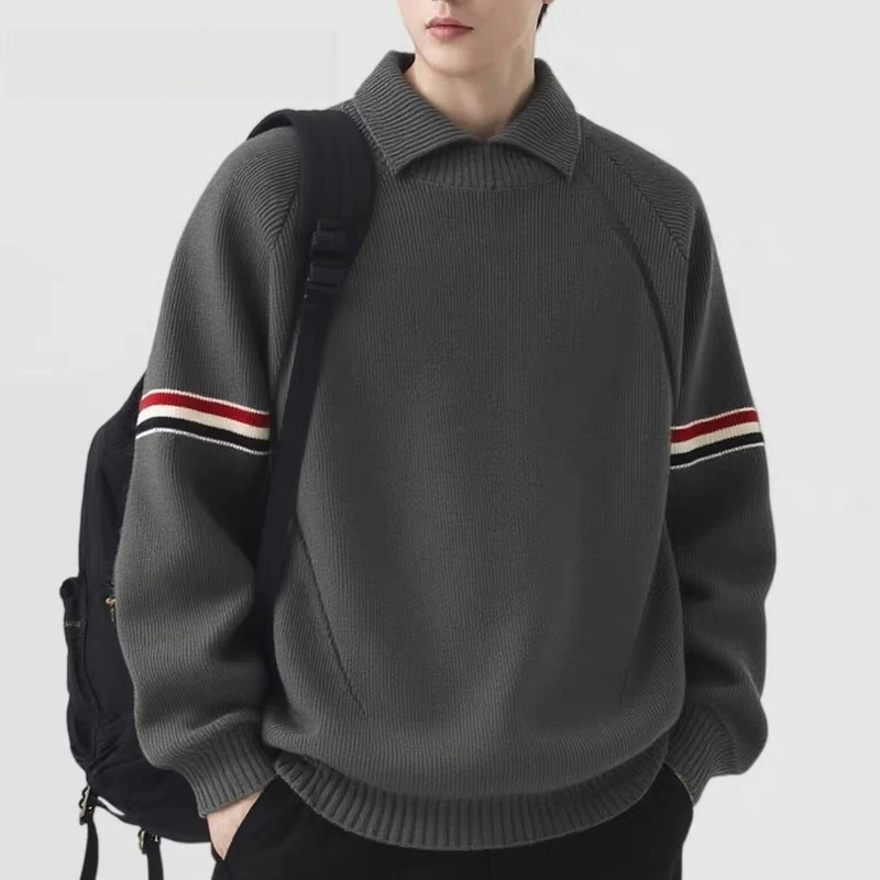 Original Designer Brand Lapel Sweater Men's Winter Thick Warm Knit Top Classic Color Blocked Striped Youth Casual Trend Pullover