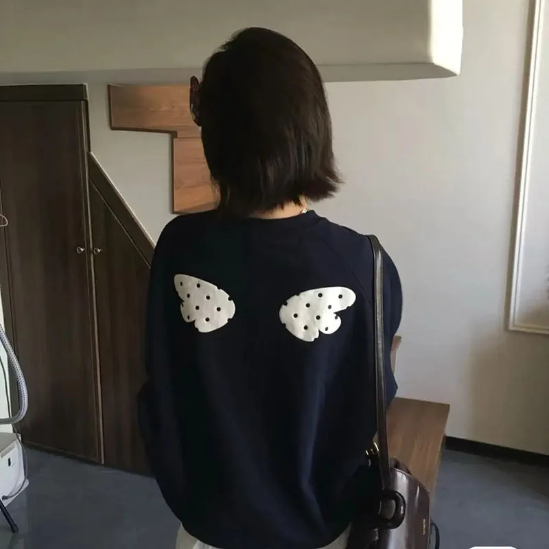 

Корейский свитшот в горошек с крыльями ангела, женский свитер в консервативном стиле, милый свободный топ в стиле гранж Y2k, эстетичная повседневная толстовка с капюшоном, уличная одежда