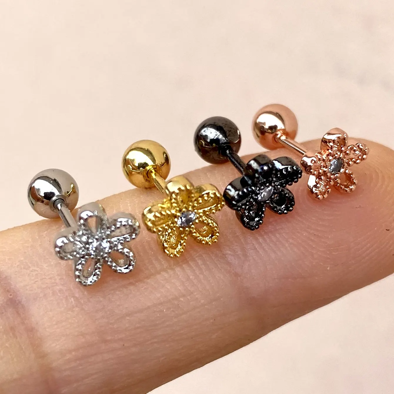 Cristal cz flor pequeno brinco para mulheres, cor prata, moda simples, cartilagem do trago, piercing do lobe da hélice, jóias adolescentes, 1pc