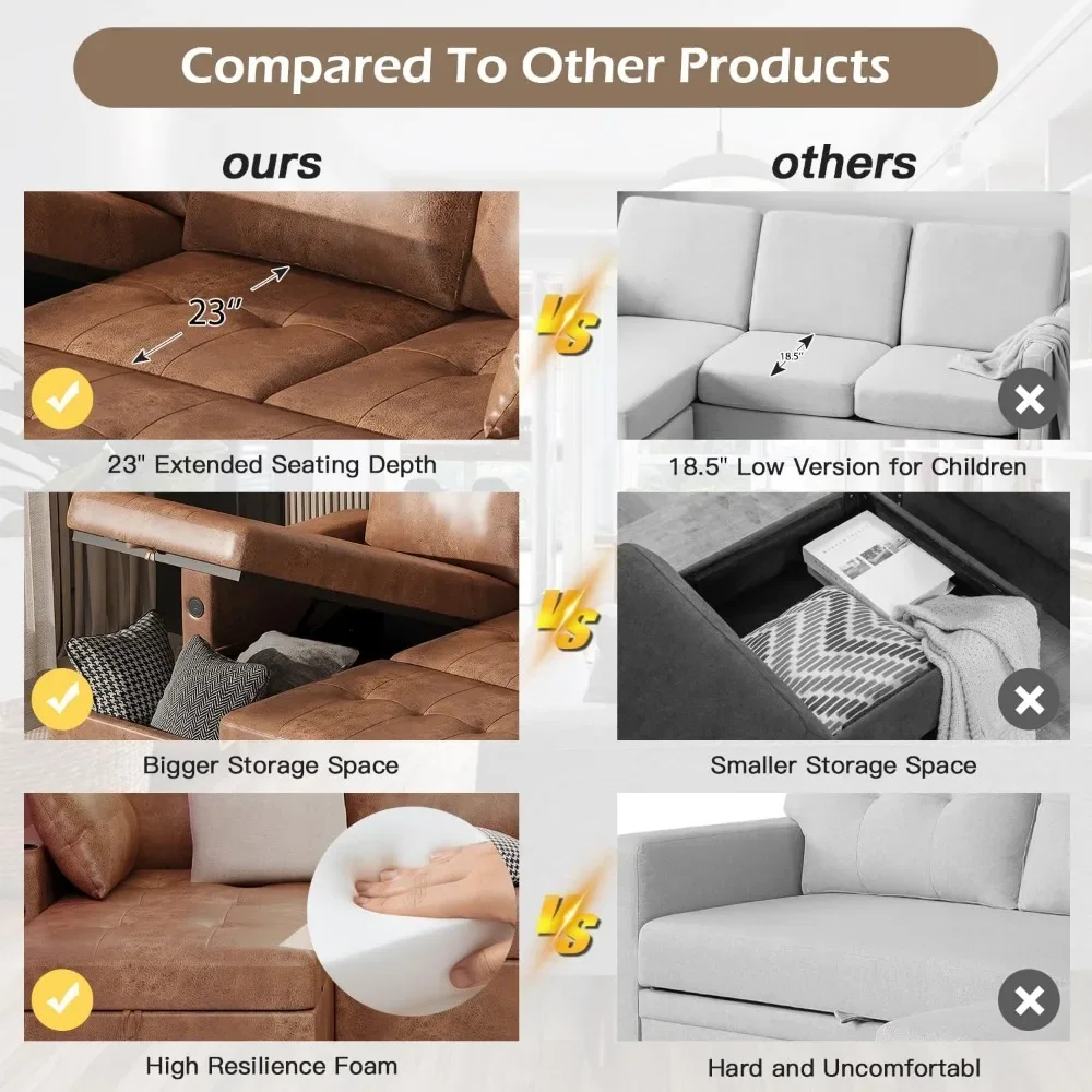 L-Shaped Sleeper Sofa - Faux Leather Sectional w/ Pullout Bed & Reversible Storage Chaise"